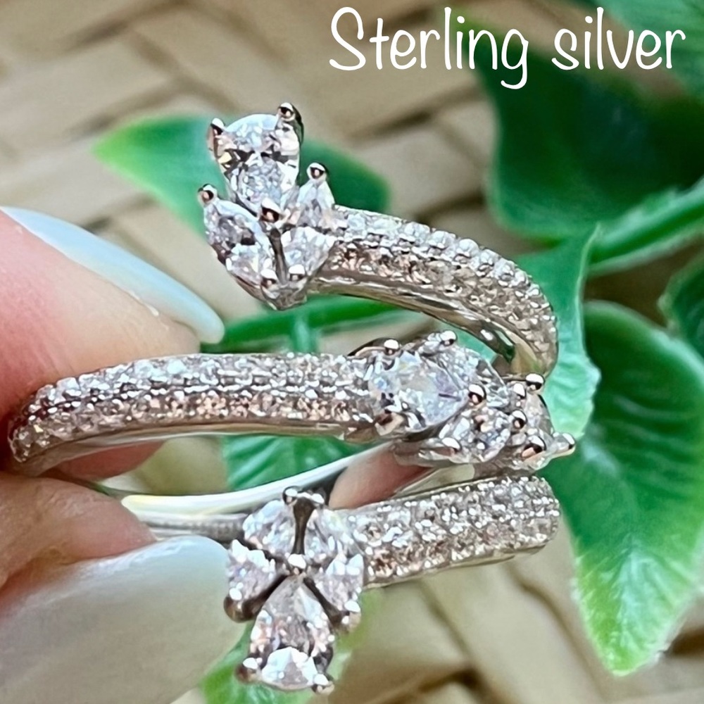 Floral Diamonds in Pave Setting STERLING SILVER Climbing Ring